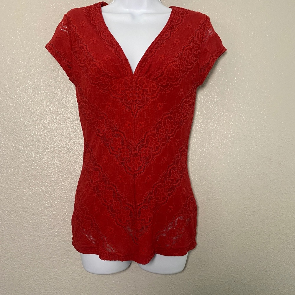 Y2K Red Lace Babydoll Top Large 2000s Feminine Romantic Stretchy Coquette Dainty